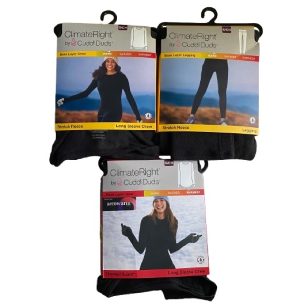 CUDDL DUDS 3 Piece LONG SLEEVE CREW THERMAL GUARD FLEECE LEGGINGS BASE LAYER SET